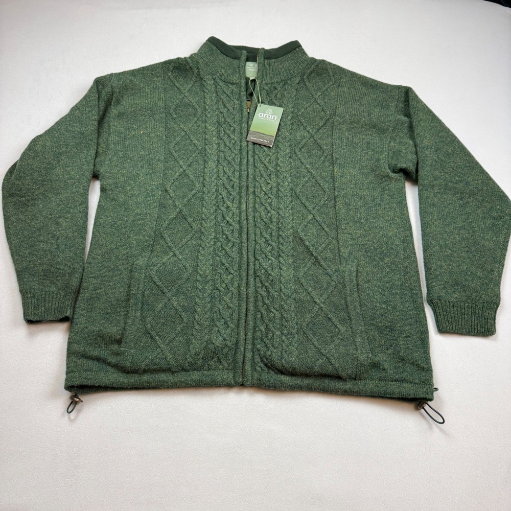 Aran Woollen Mills Mens LG Lined Shetland Zipper Cardigan Green Wool Sweater NWT